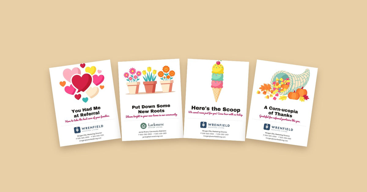 Four seasonal pop-by cards with a sample logo