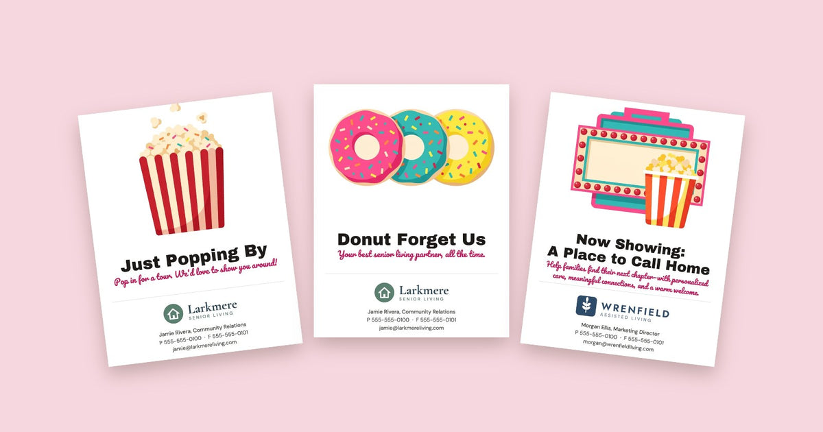 Three year-round pop-by cards with a sample logo