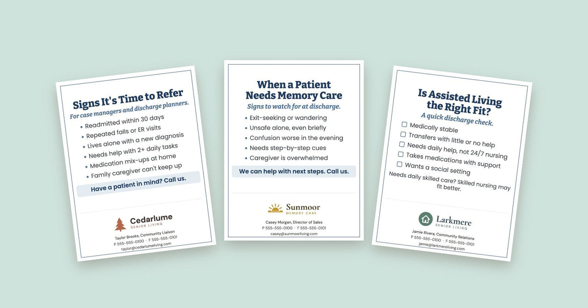 Three education cards for referral sources with a sample logo
