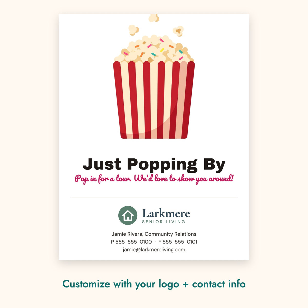 Just Popping By Pop-By Card – front of card shown with a sample logo