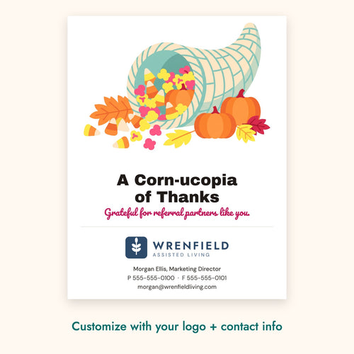 A Corn-ucopia of Thanks Pop-By Card – front of card shown with a sample logo