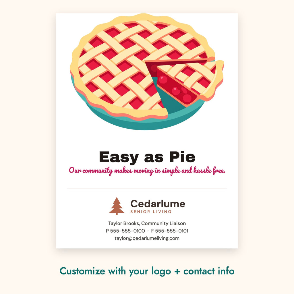Easy as Pie Pop-By Card – front of card shown with a sample logo