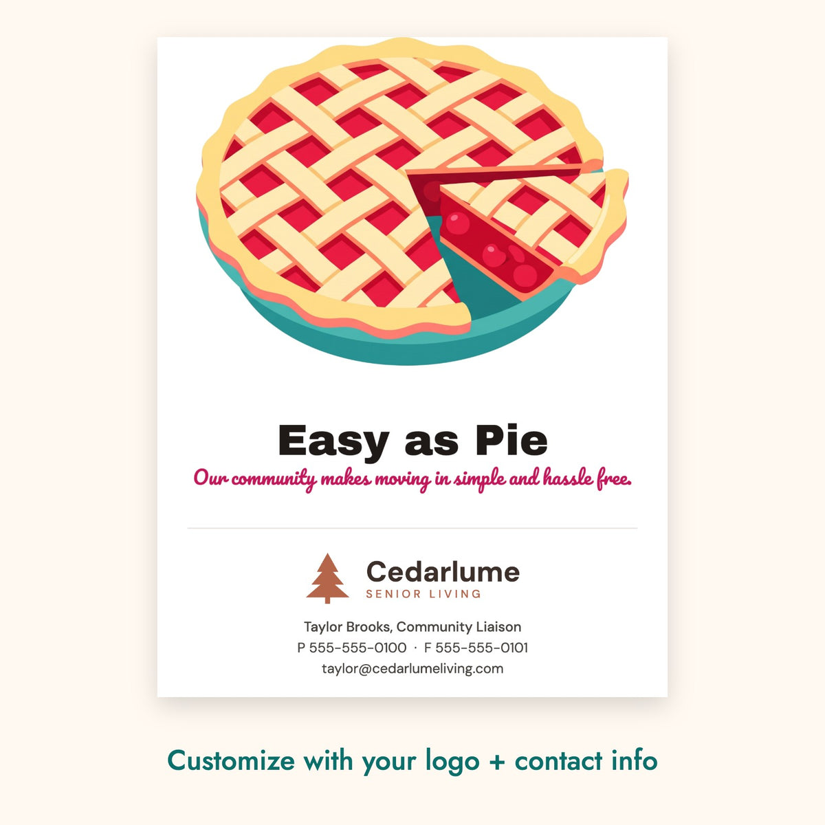 Easy as Pie Pop-By Card – front of card shown with a sample logo