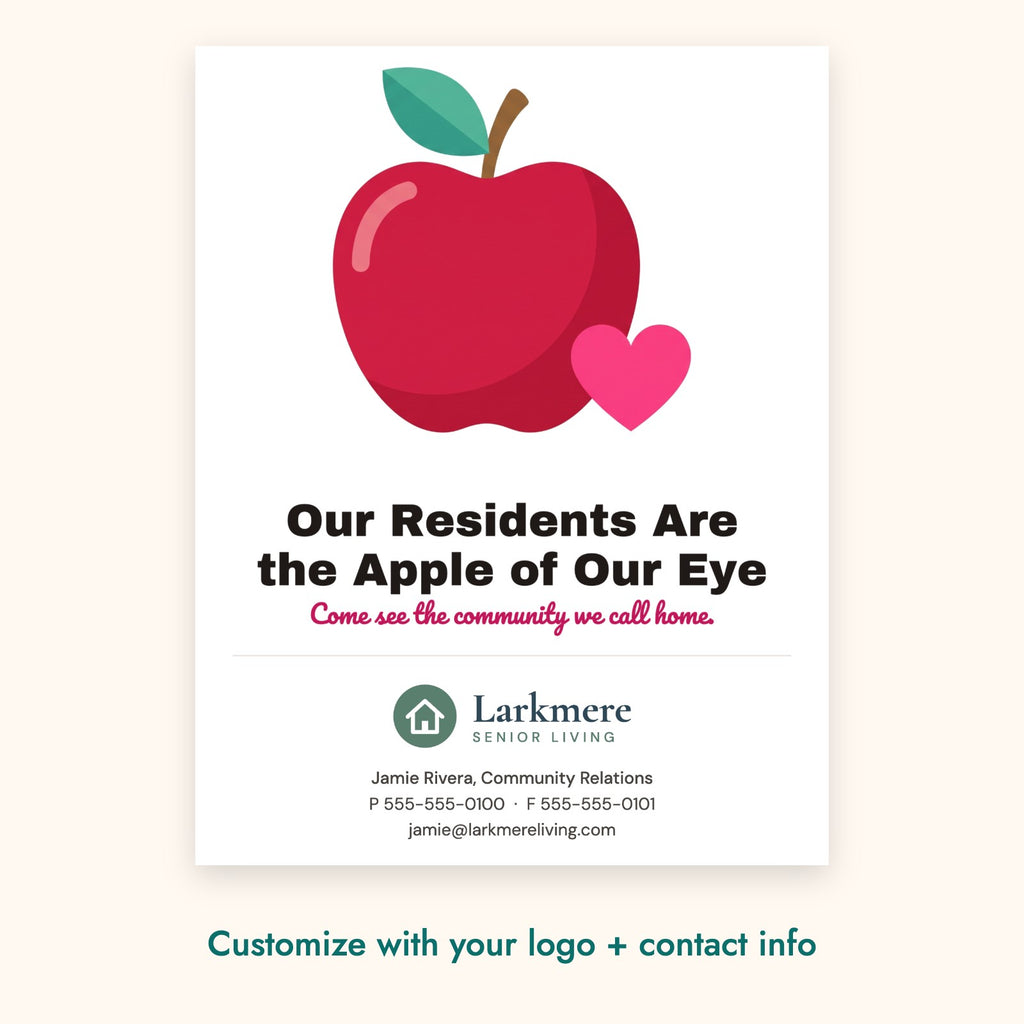 Our Residents Are the Apple of Our Eye Pop-By Card – front of card shown with a sample logo