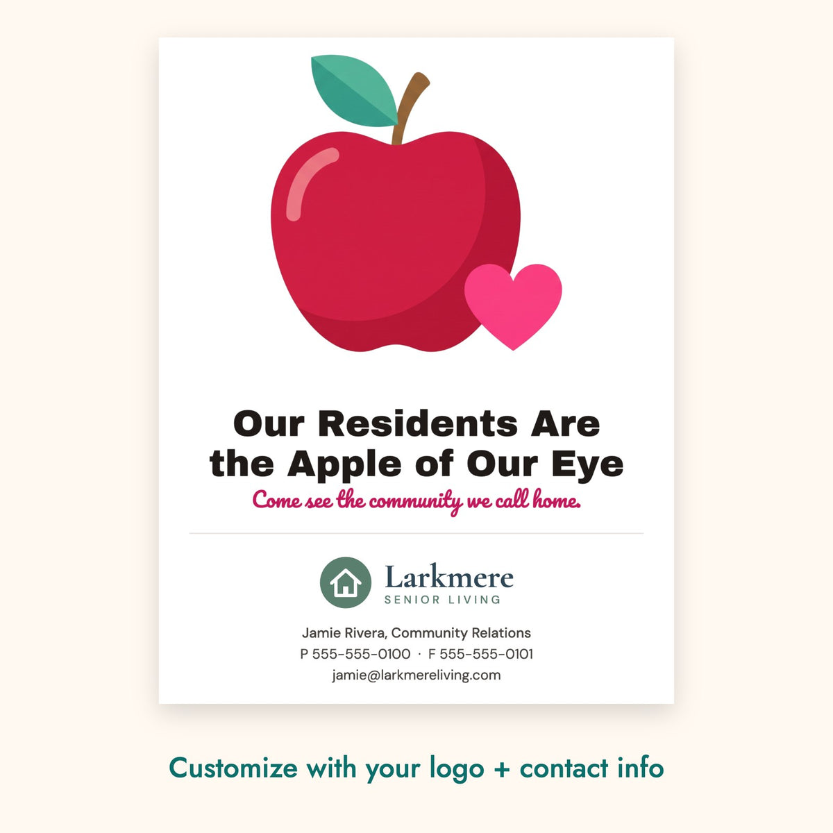 Our Residents Are the Apple of Our Eye Pop-By Card – front of card shown with a sample logo