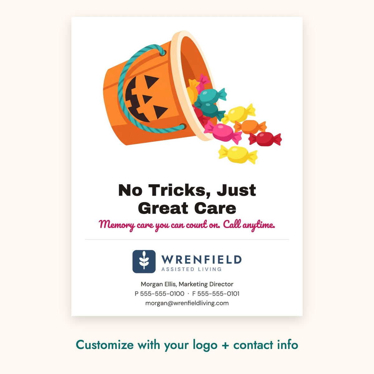 No Tricks, Just Great Care Pop-By Card – front of card shown with a sample logo