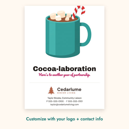 Cocoa-laboration Pop-By Card – front of card shown with a sample logo