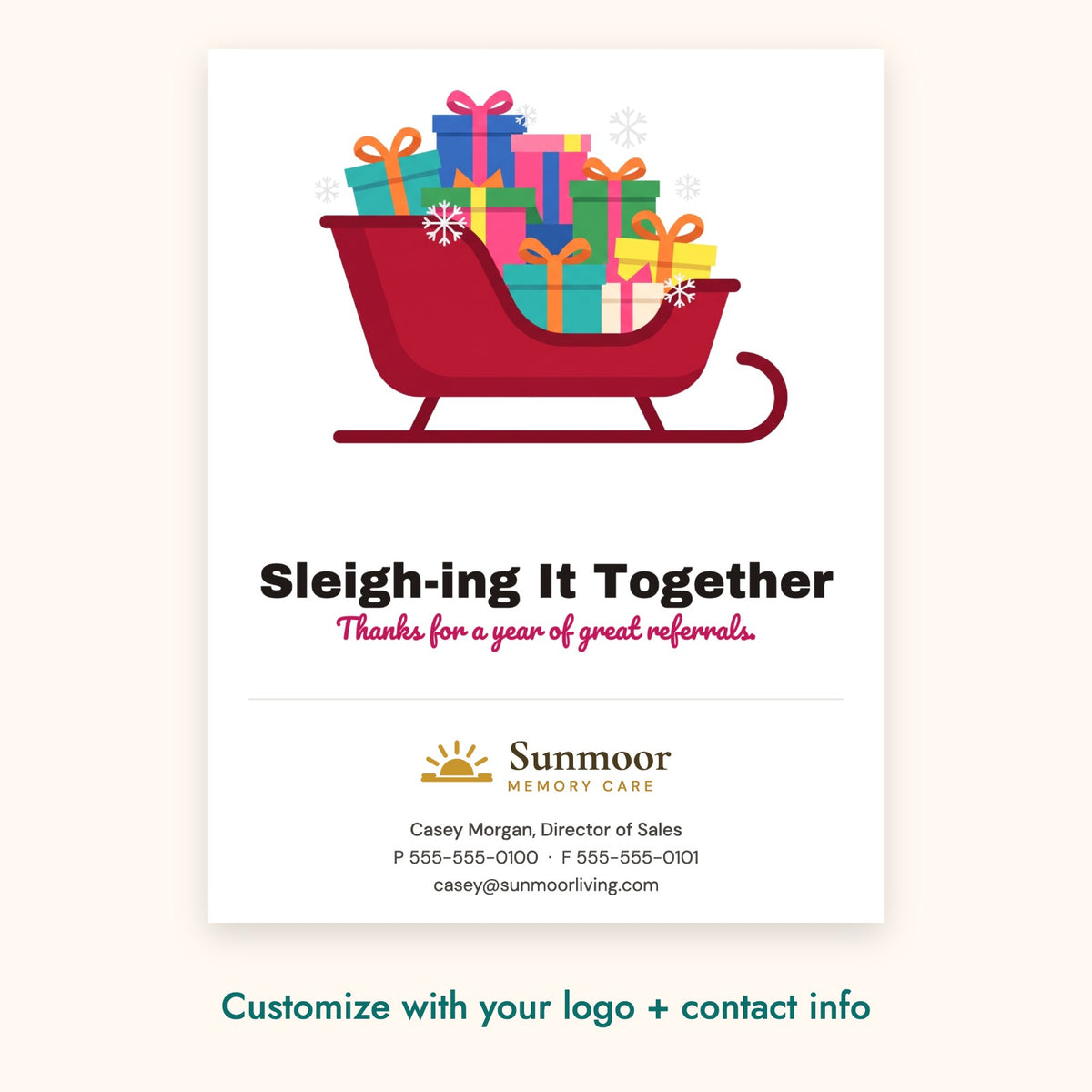 Sleigh-ing It Together Pop-By Card – front of card shown with a sample logo