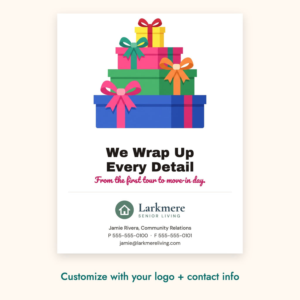 We Wrap Up Every Detail Pop-By Card – front of card shown with a sample logo