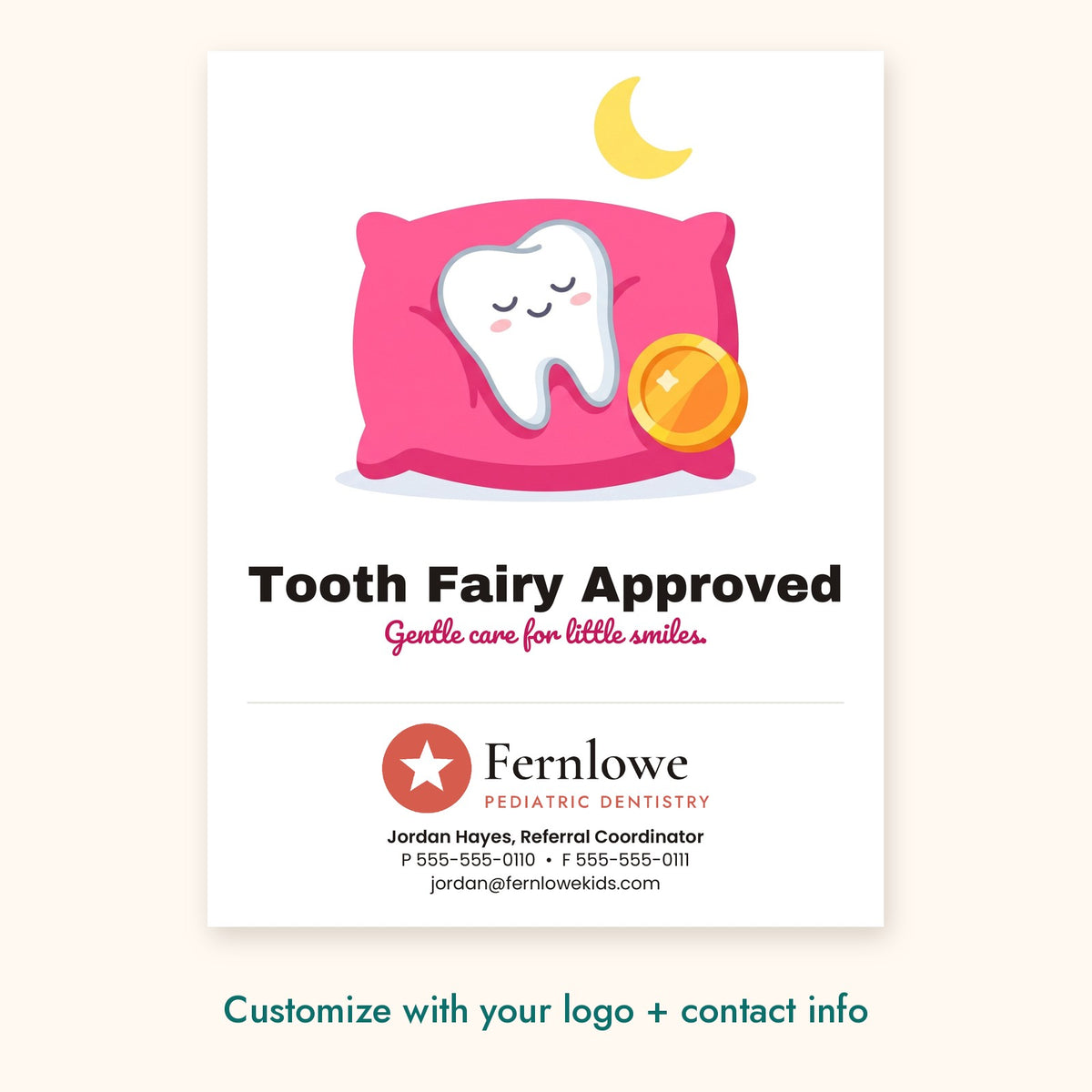 Tooth Fairy Approved Dental Pop-By Card – front of card shown with a sample logo