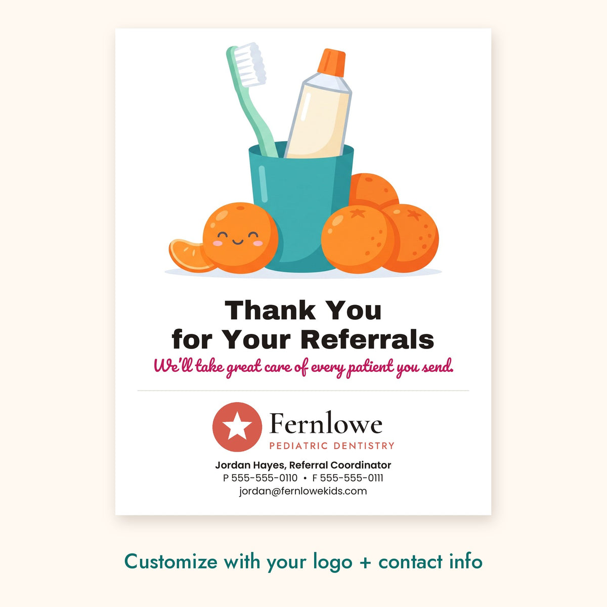 Thank You for Your Referrals Dental Pop-By Card – front of card shown with a sample logo
