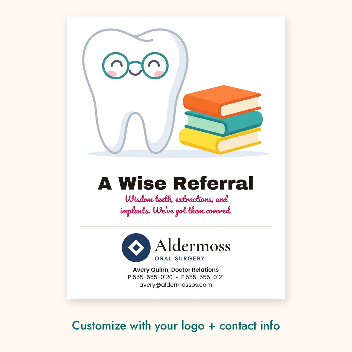 A Wise Referral Dental Pop-By Card – front of card shown with a sample logo