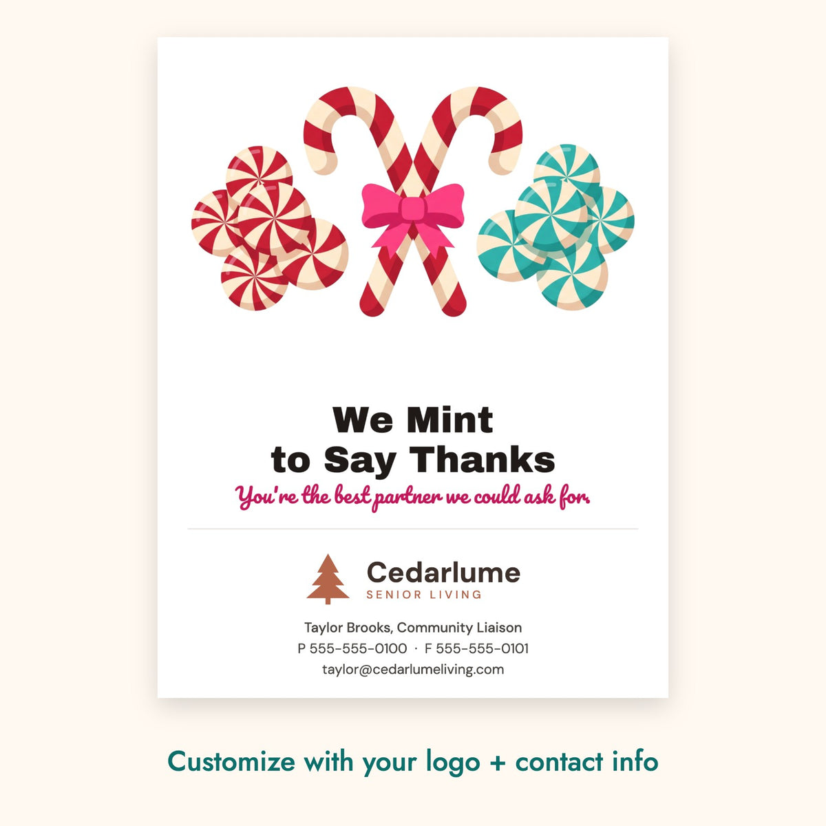 We Mint to Say Thanks Pop-By Card – front of card shown with a sample logo