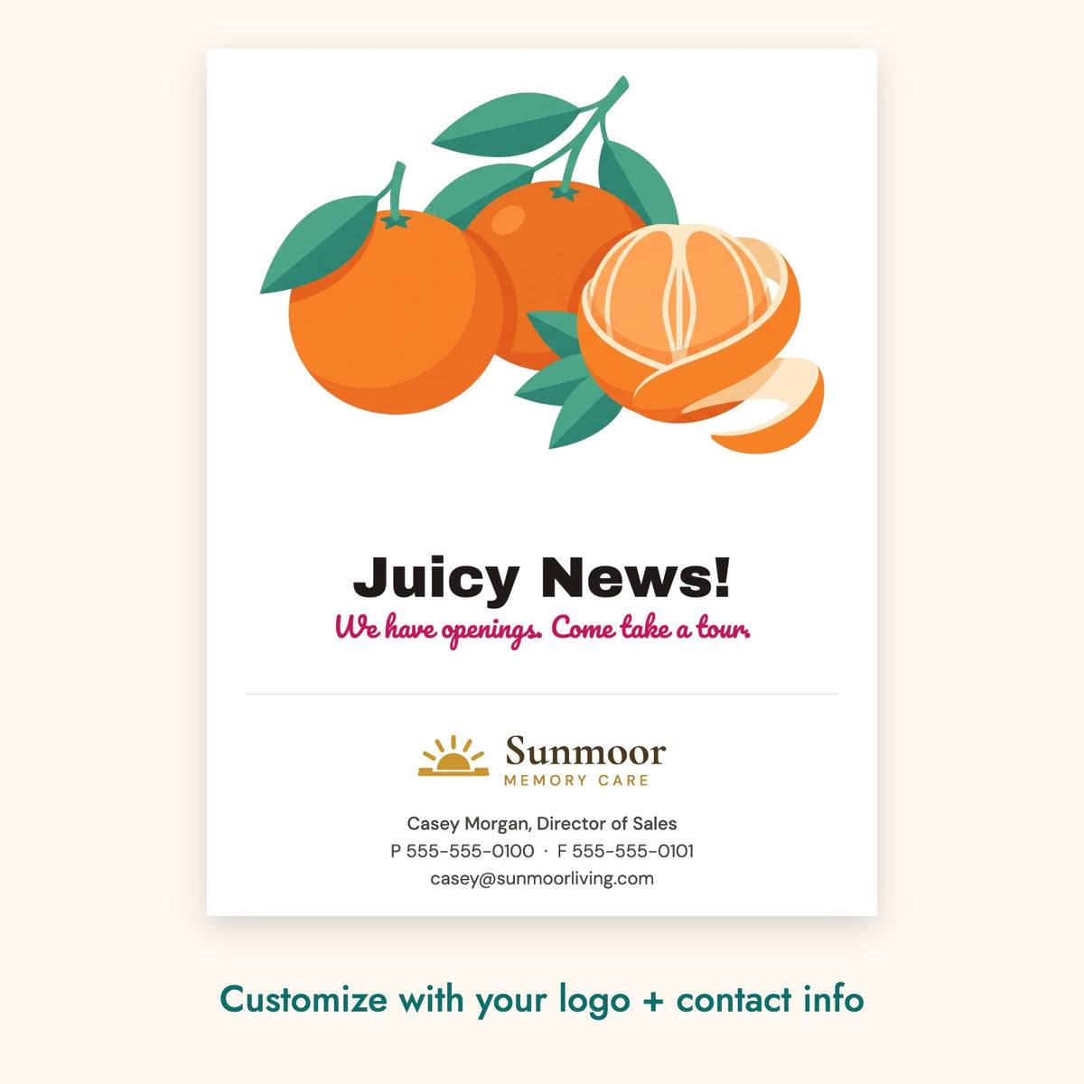Juicy News! Pop-By Card – front of card shown with a sample logo