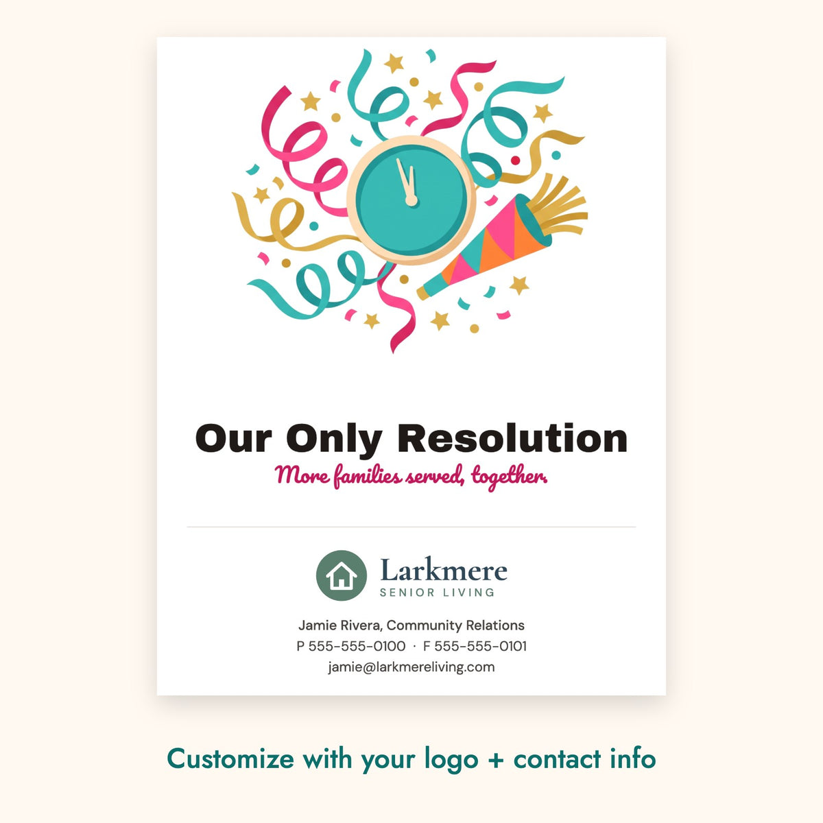 Our Only Resolution Pop-By Card – front of card shown with a sample logo