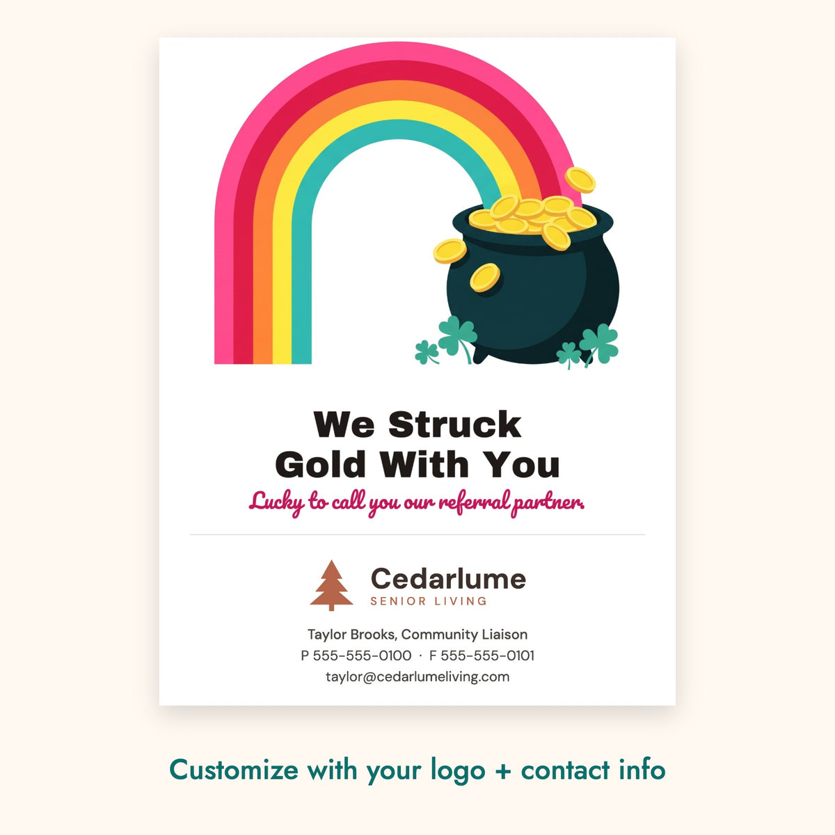 We Struck Gold With You Pop-By Card – front of card shown with a sample logo