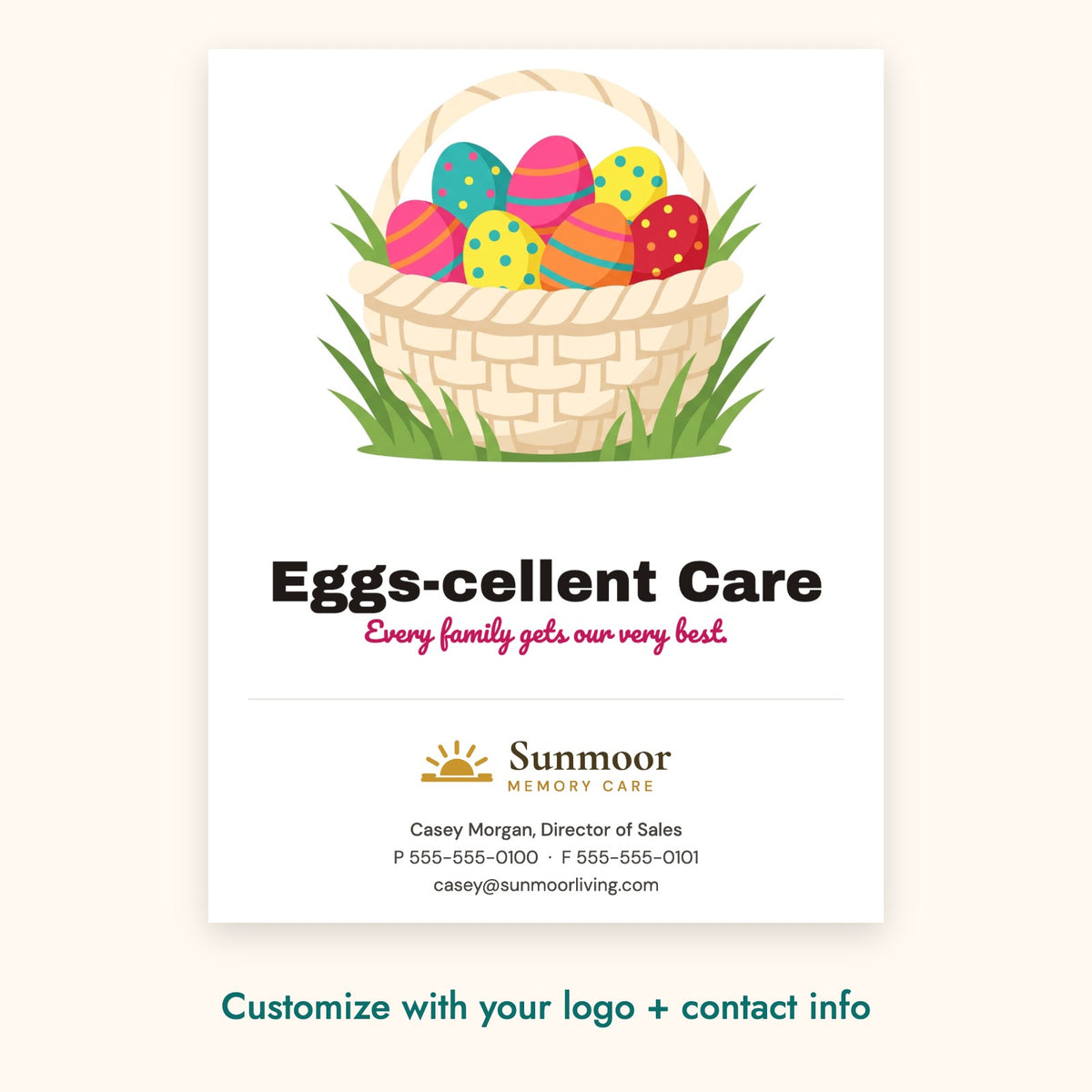 Eggs-cellent Care Pop-By Card – front of card shown with a sample logo