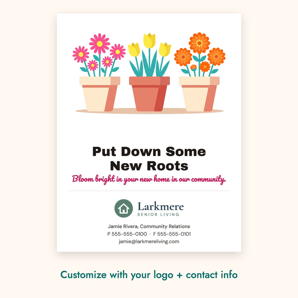 Put Down Some New Roots Pop-By Card – front of card shown with a sample logo