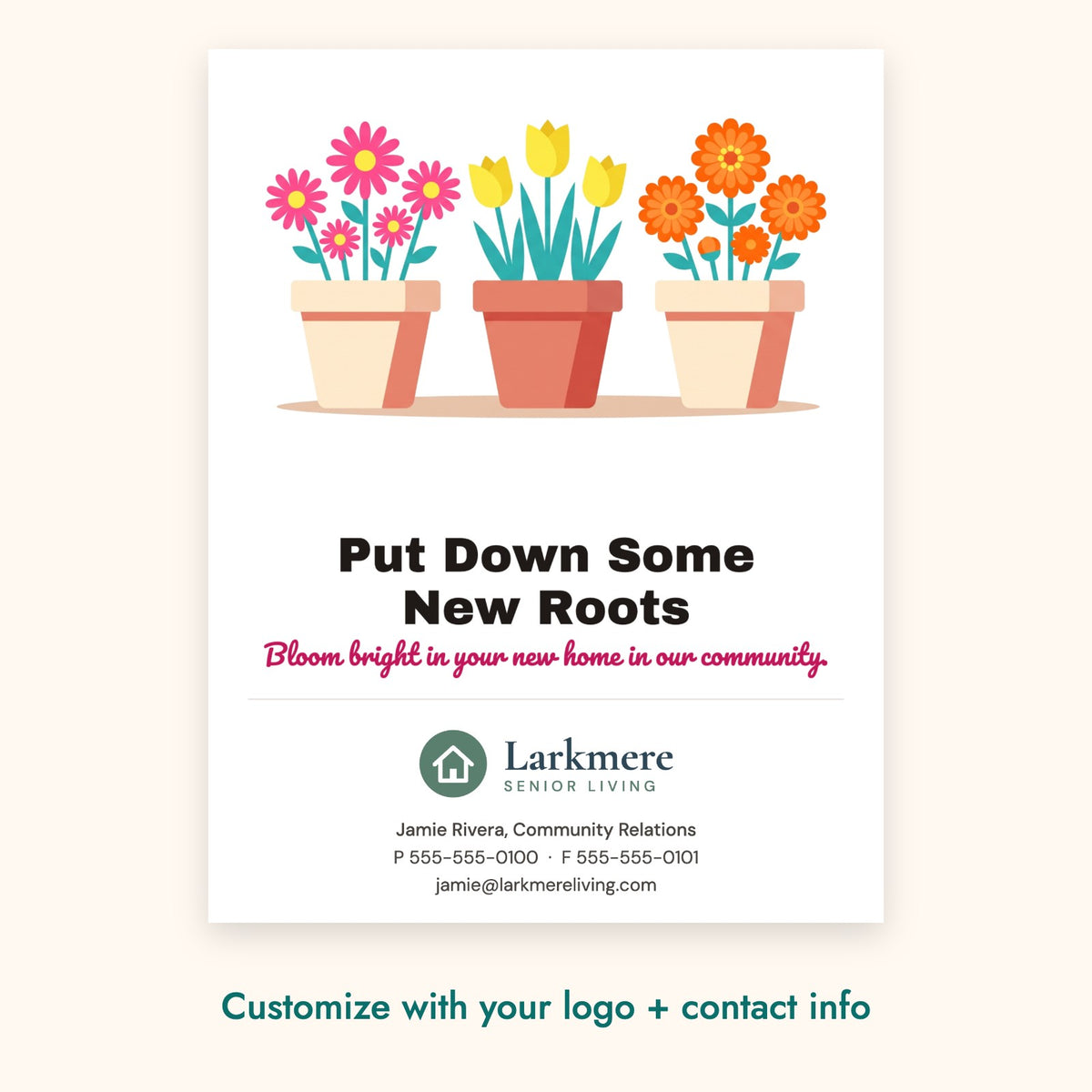 Put Down Some New Roots Pop-By Card – front of card shown with a sample logo