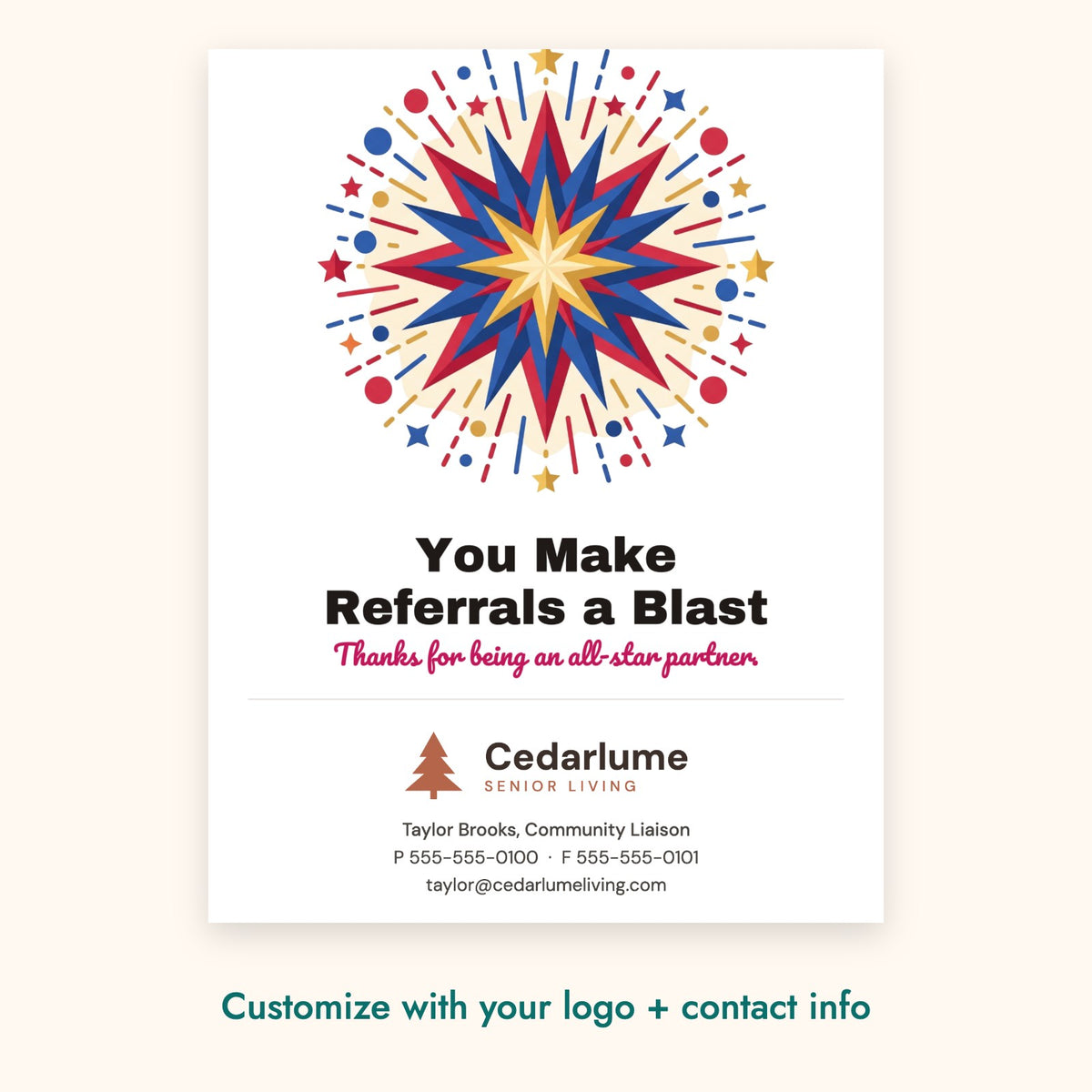 You Make Referrals a Blast Pop-By Card – front of card shown with a sample logo