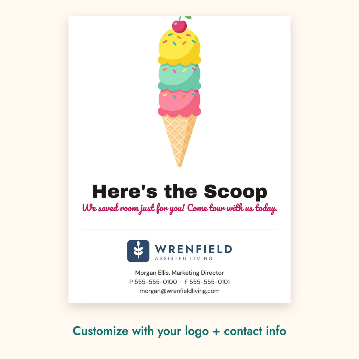 Here's the Scoop Pop-By Card – front of card shown with a sample logo