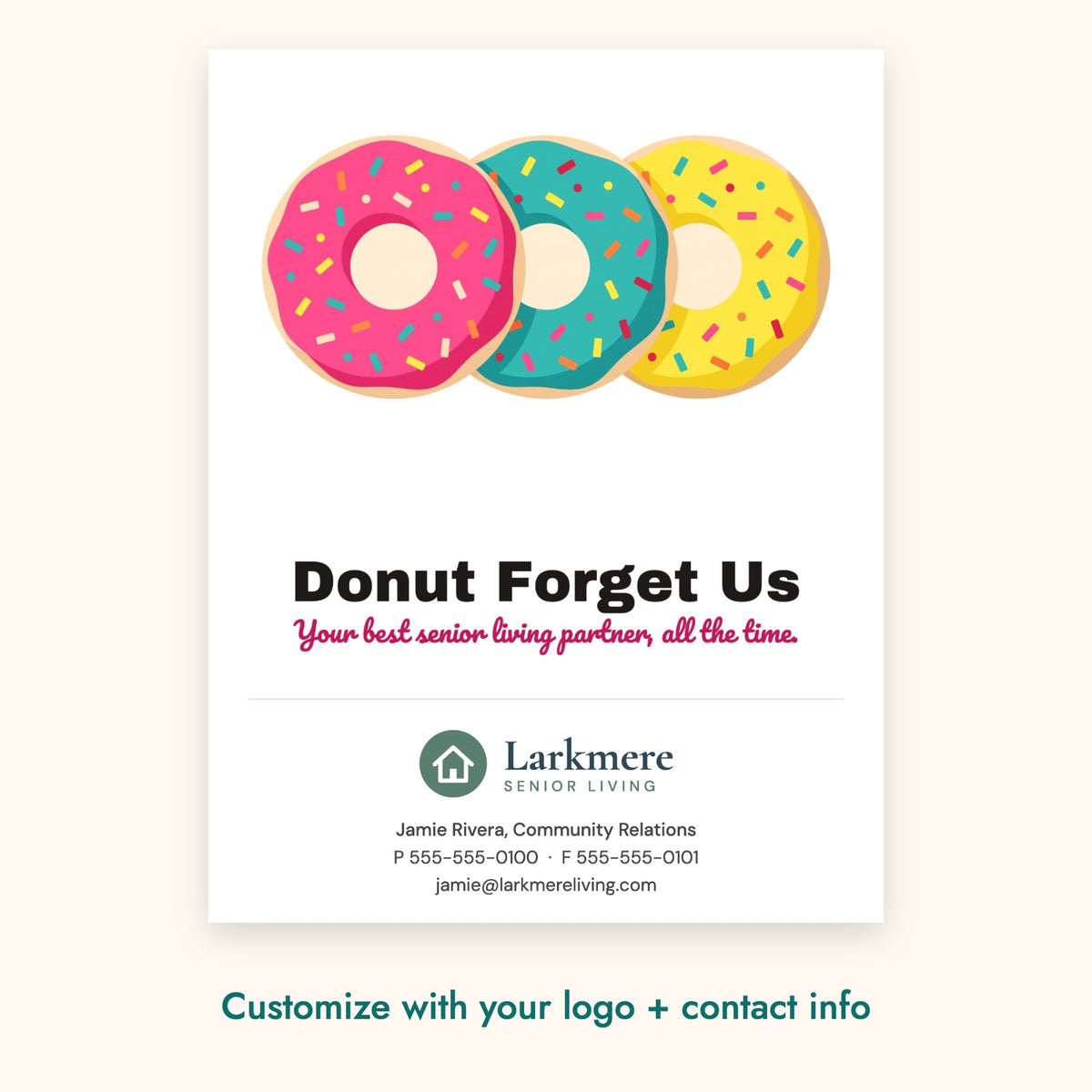 Donut Forget Us Pop-By Card – front of card shown with a sample logo