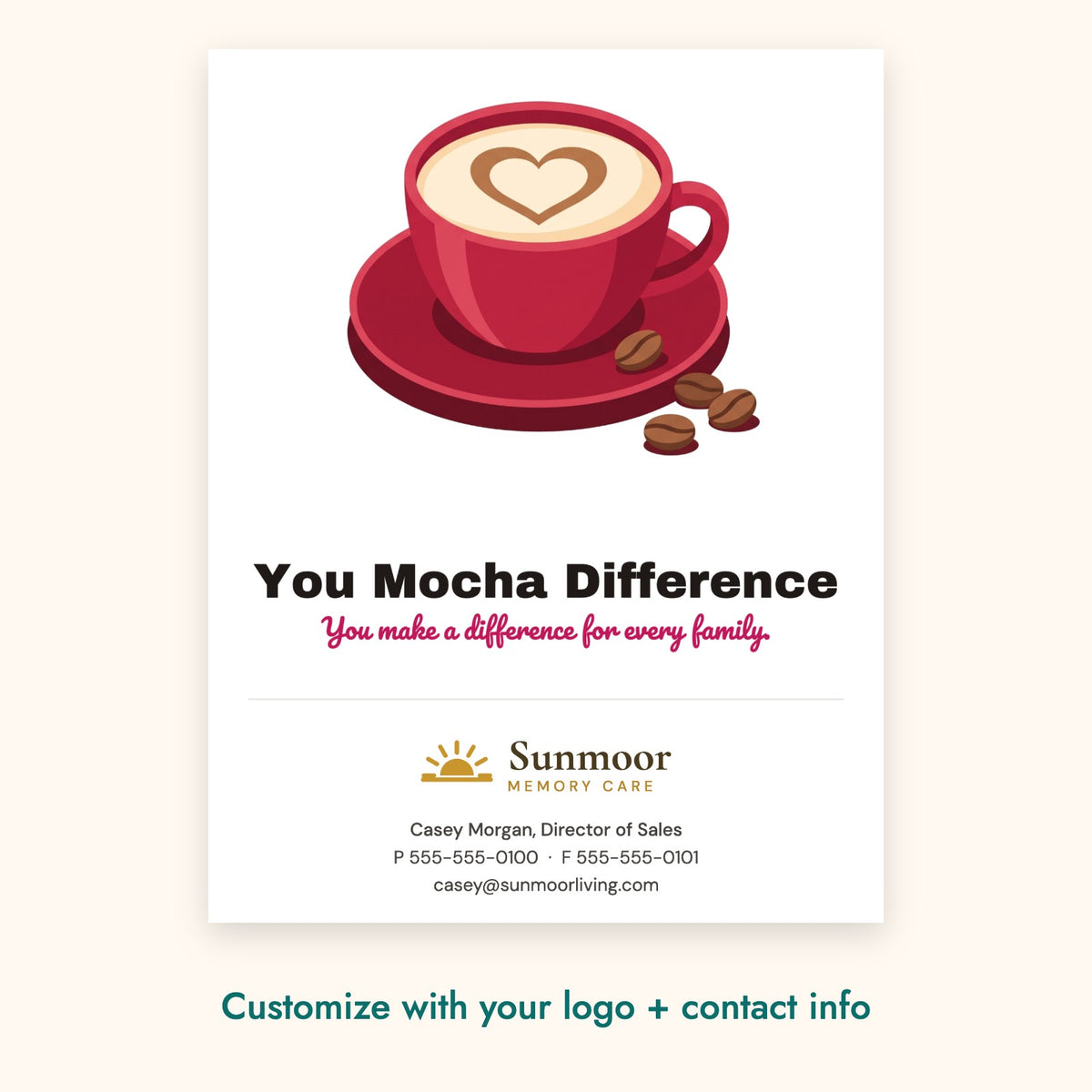 You Mocha Difference Pop-By Card – front of card shown with a sample logo