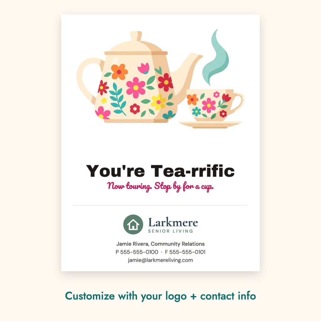 You're Tea-rrific Pop-By Card – front of card shown with a sample logo
