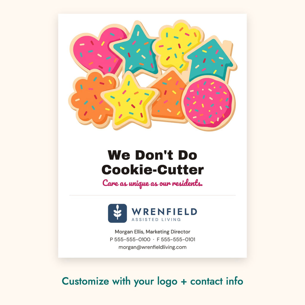 We Don't Do Cookie-Cutter Pop-By Card – front of card shown with a sample logo