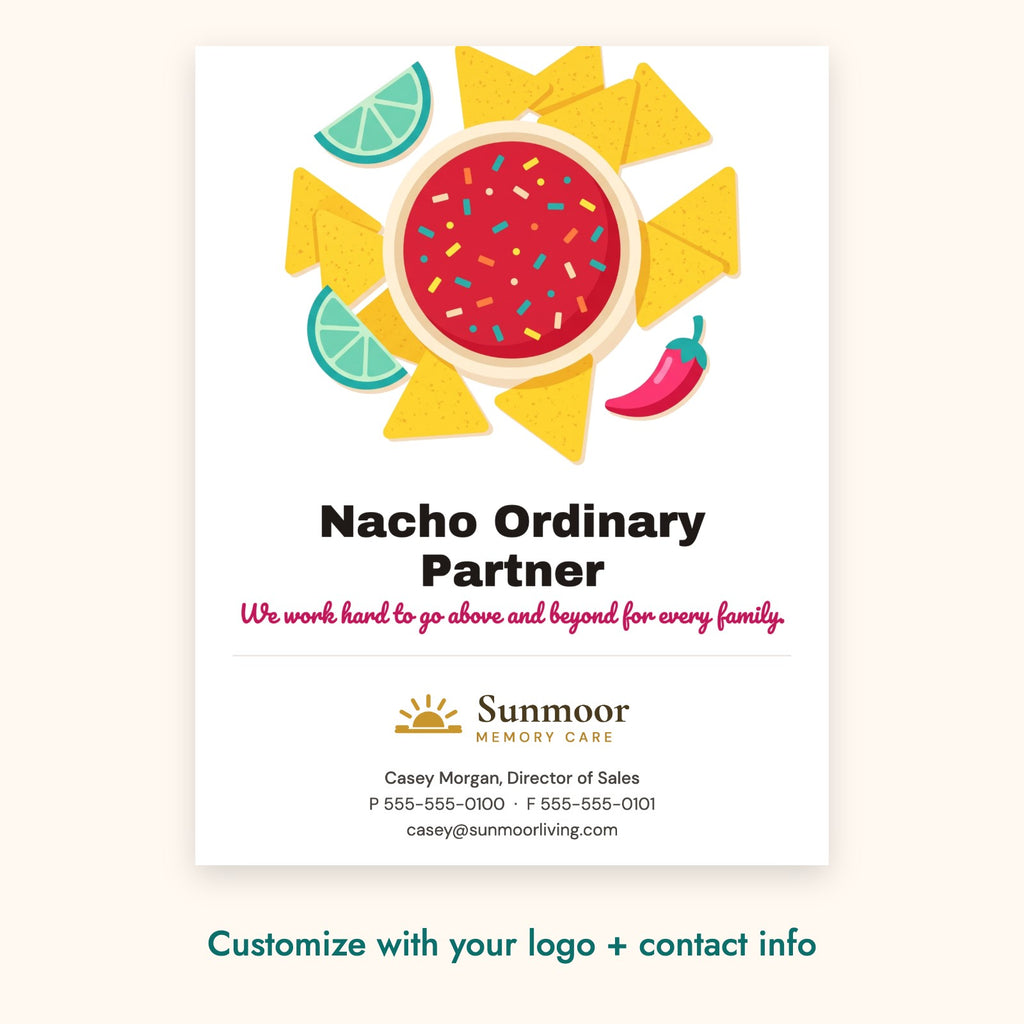 Nacho Ordinary Partner Pop-By Card – front of card shown with a sample logo