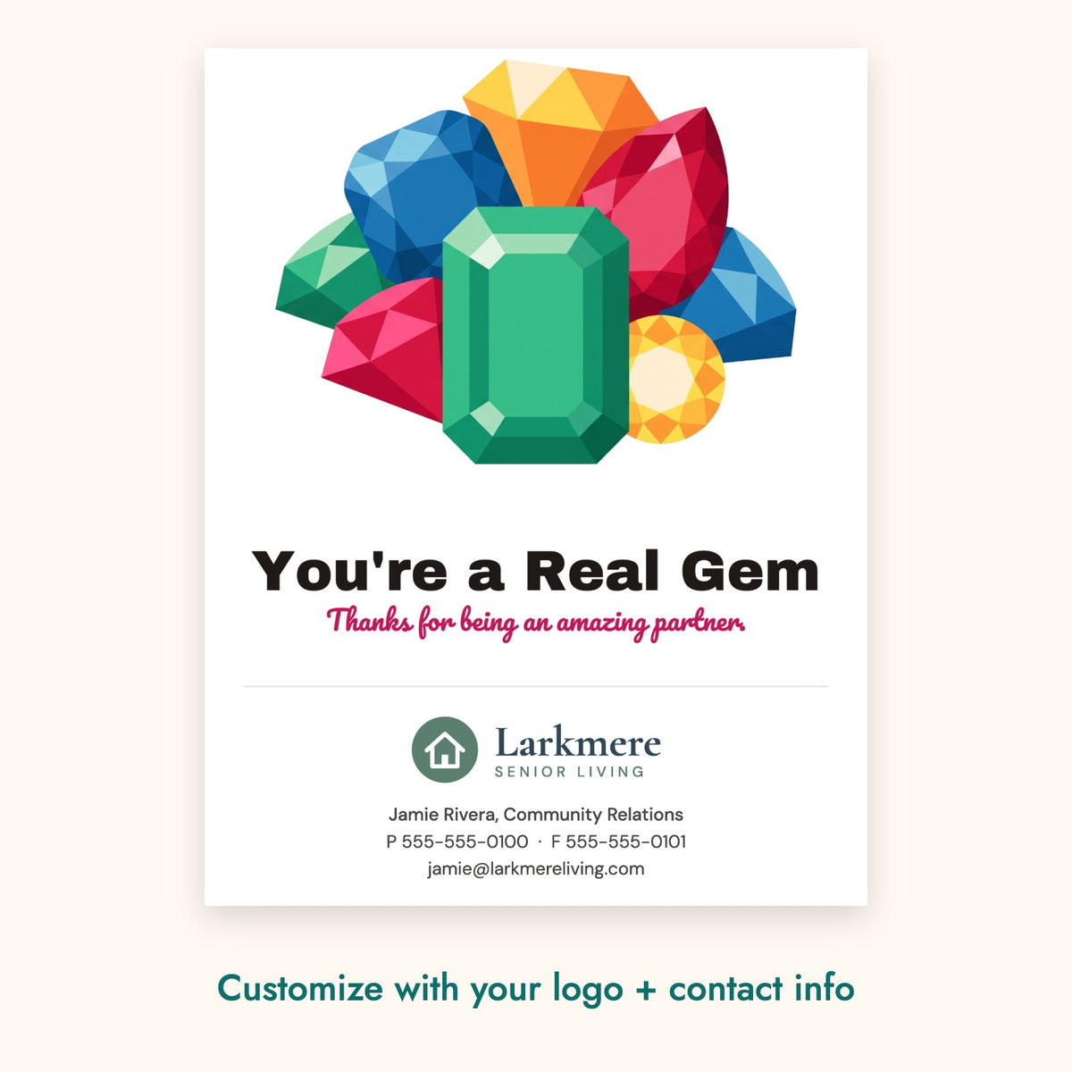 You're a Real Gem Pop-By Card – front of card shown with a sample logo