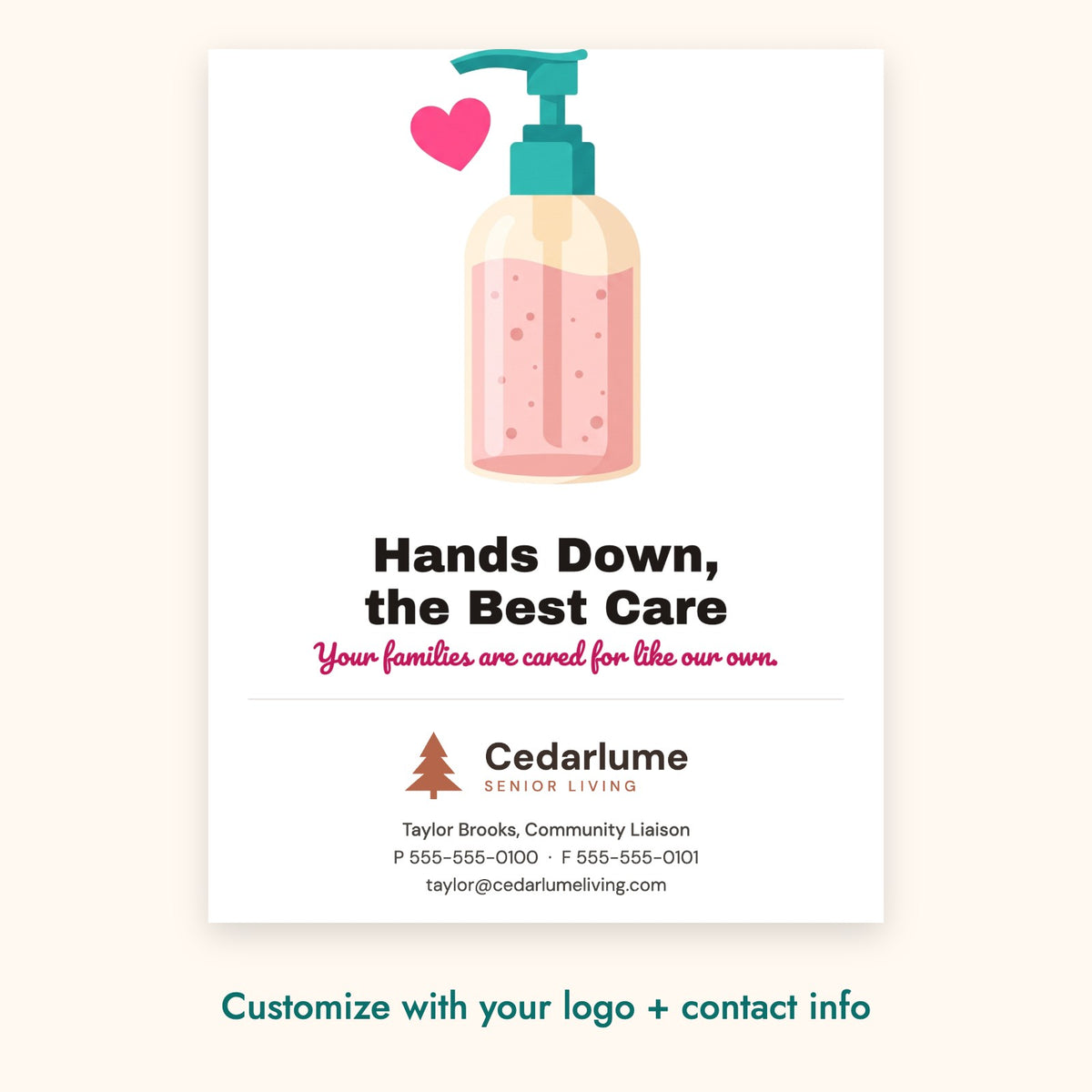 Hands Down, the Best Care Pop-By Card – front of card shown with a sample logo