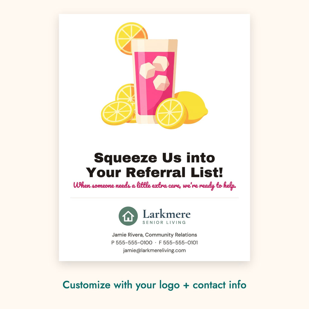 Squeeze Us into Your Referral List! Pop-By Card – front of card shown with a sample logo