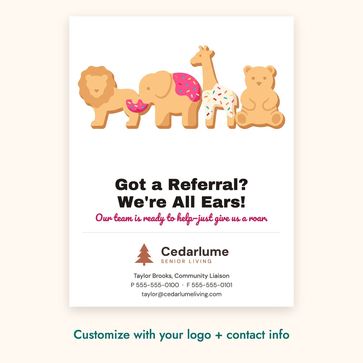 Got a Referral? We're All Ears! Pop-By Card – front of card shown with a sample logo