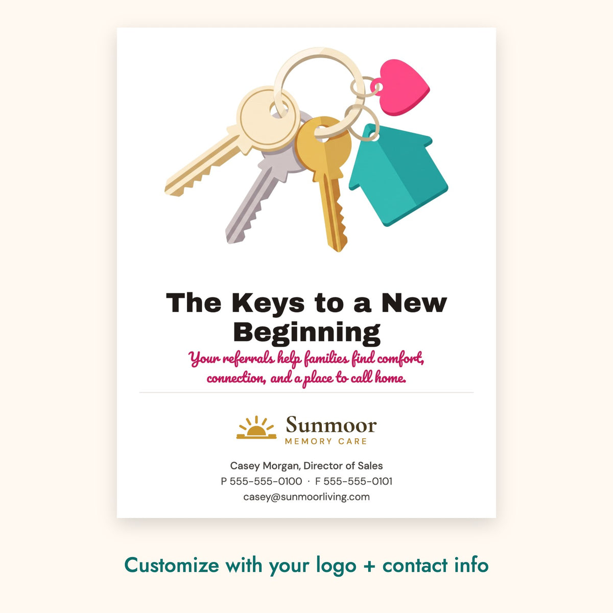 The Keys to a New Beginning Pop-By Card – front of card shown with a sample logo