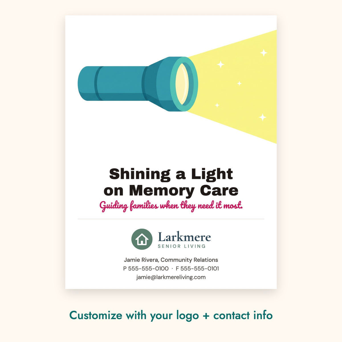 Shining a Light on Memory Care Pop-By Card – front of card shown with a sample logo