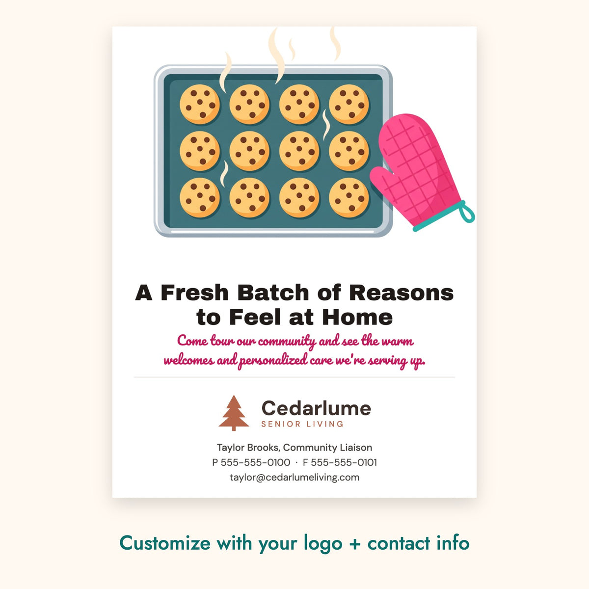 A Fresh Batch of Reasons to Feel at Home Pop-By Card – front of card shown with a sample logo