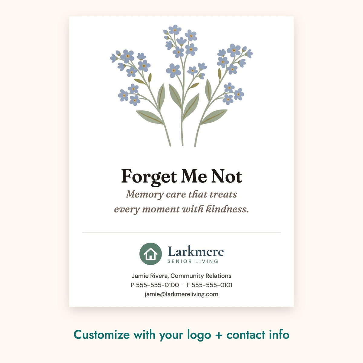 Forget Me Not Botanical Card – front of card shown with a sample logo