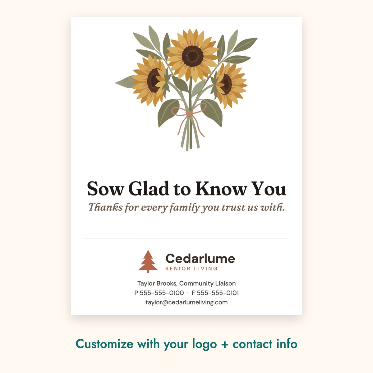 Sow Glad to Know You Botanical Card – front of card shown with a sample logo
