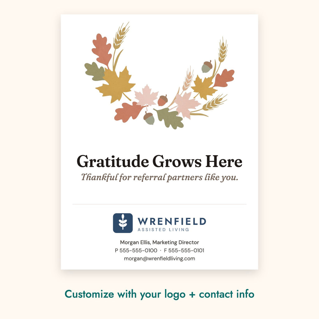 Gratitude Grows Here Botanical Card – front of card shown with a sample logo