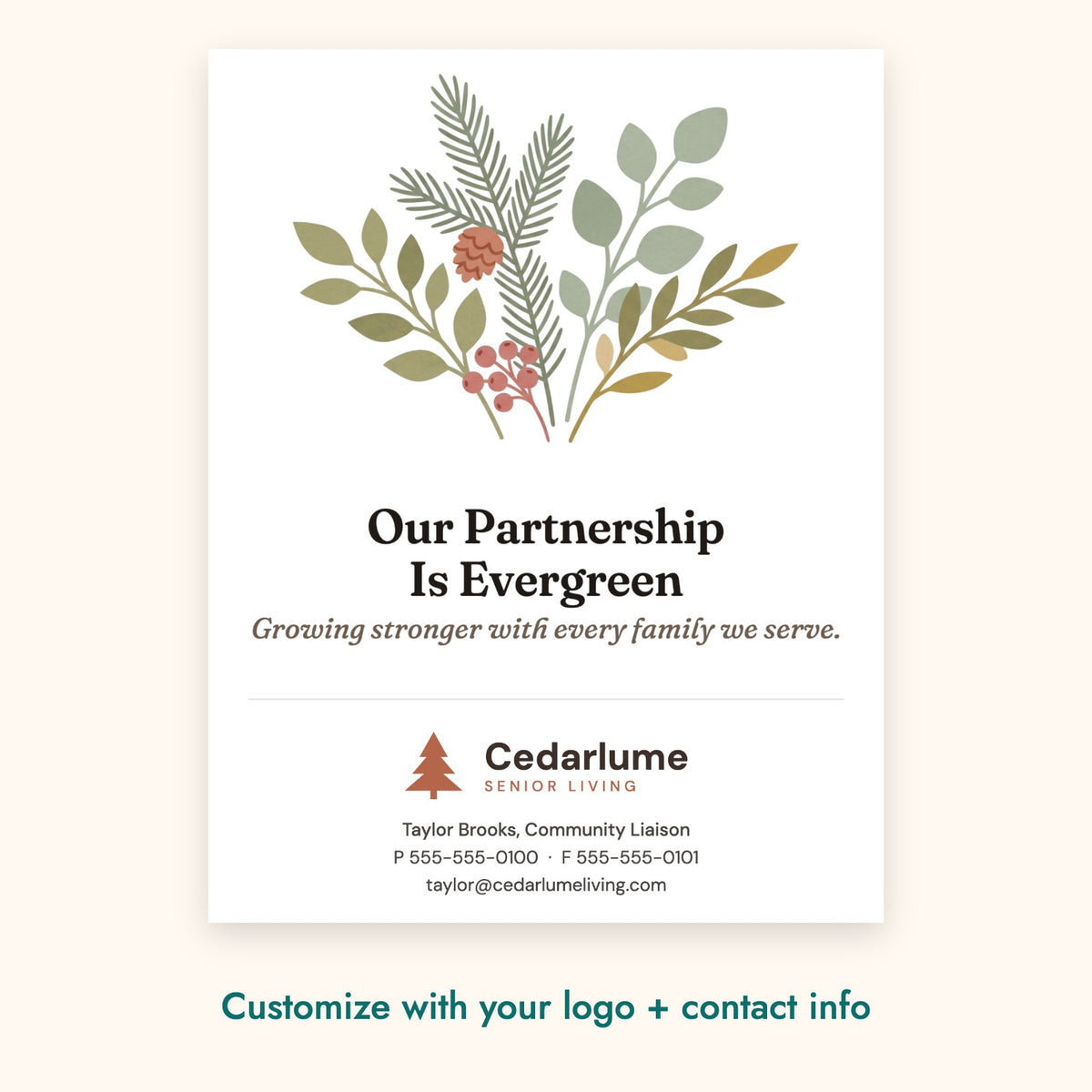 Our Partnership Is Evergreen Botanical Card – front of card shown with a sample logo