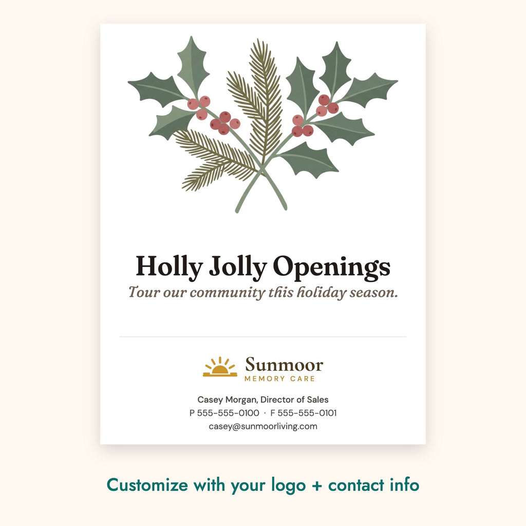 Holly Jolly Openings Botanical Card – front of card shown with a sample logo