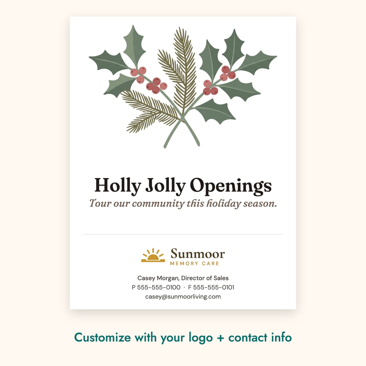 Holly Jolly Openings Botanical Card – front of card shown with a sample logo