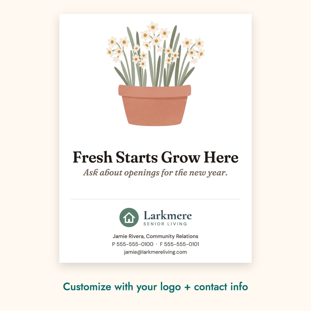 Fresh Starts Grow Here Botanical Card – front of card shown with a sample logo