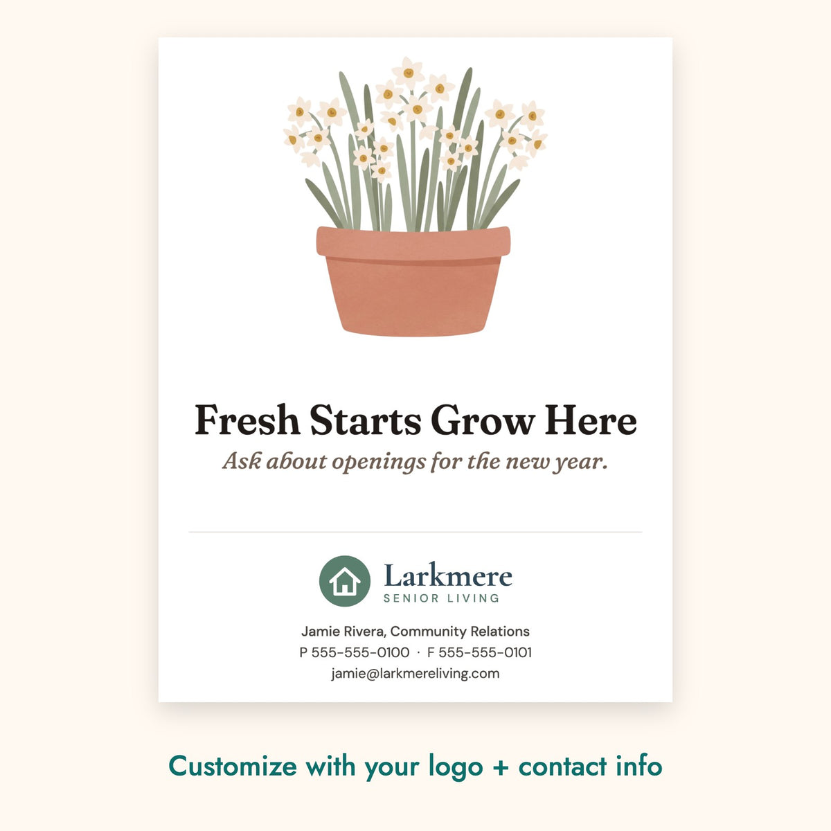 Fresh Starts Grow Here Botanical Card – front of card shown with a sample logo