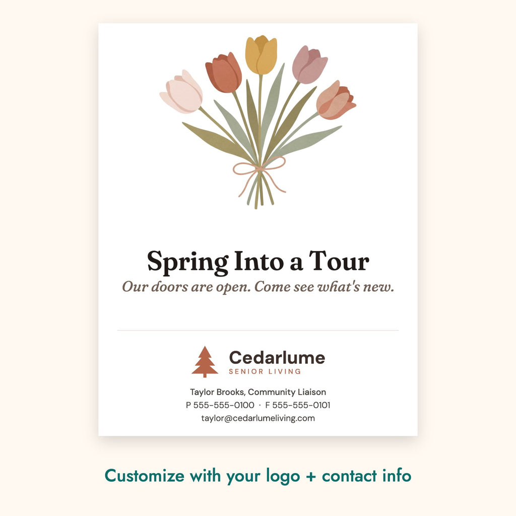 Spring Into a Tour Botanical Card – front of card shown with a sample logo