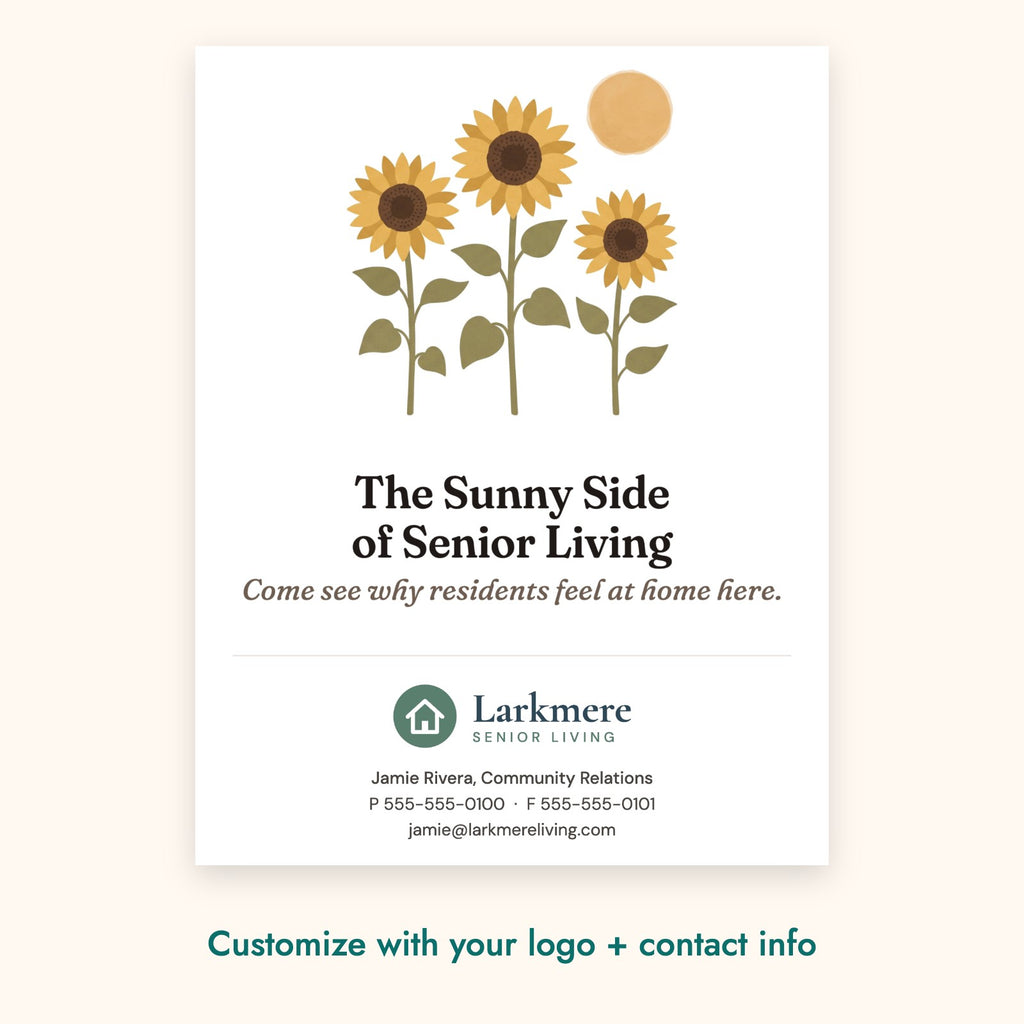 The Sunny Side of Senior Living Botanical Card – front of card shown with a sample logo
