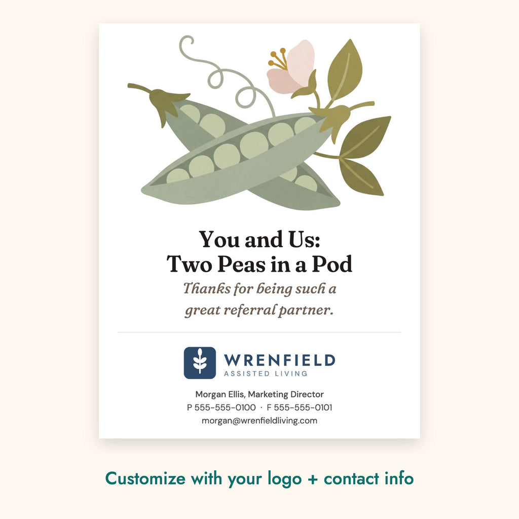 You and Us: Two Peas in a Pod Botanical Card – front of card shown with a sample logo