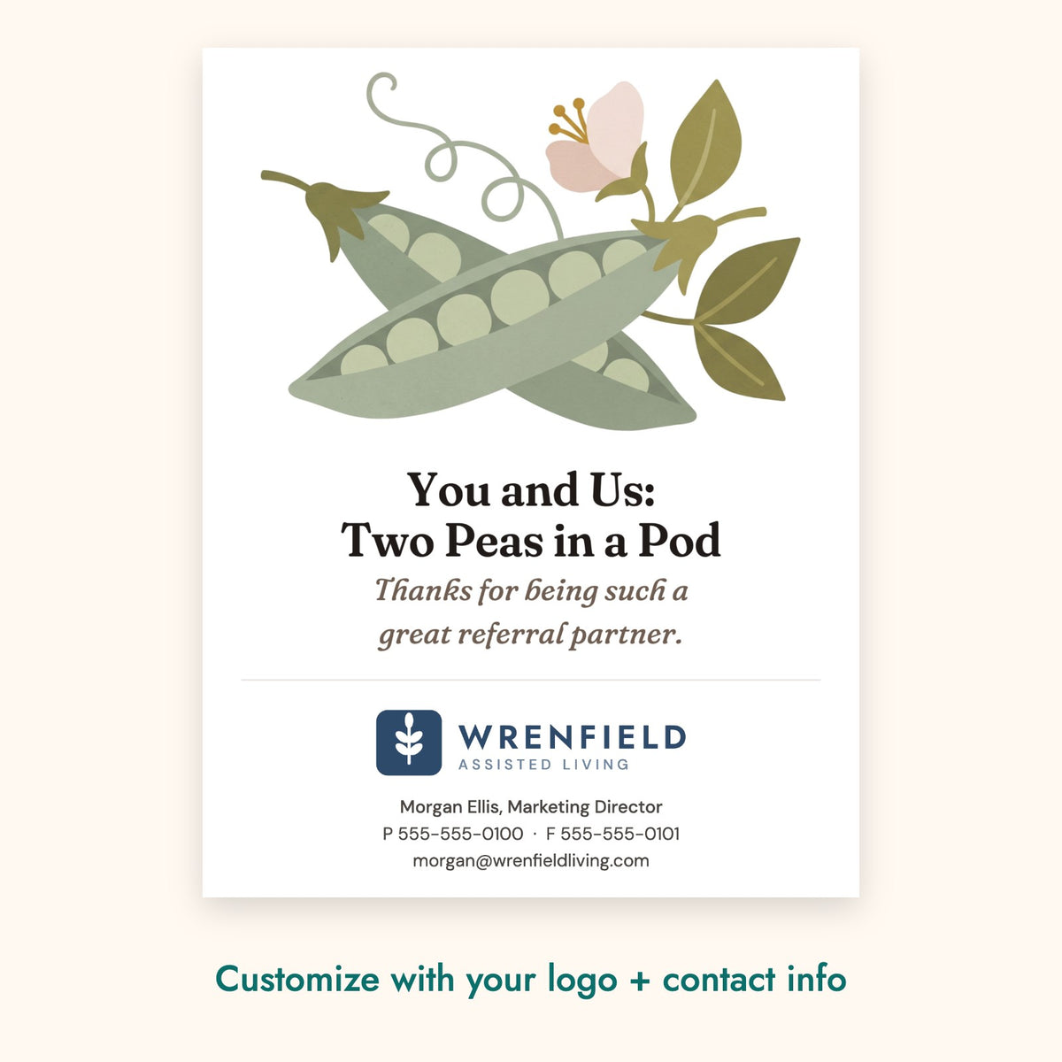 You and Us: Two Peas in a Pod Botanical Card – front of card shown with a sample logo