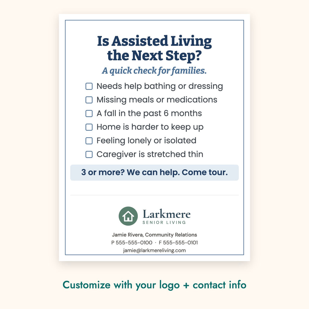 Is Assisted Living the Next Step? Education Card – front of card shown with a sample logo